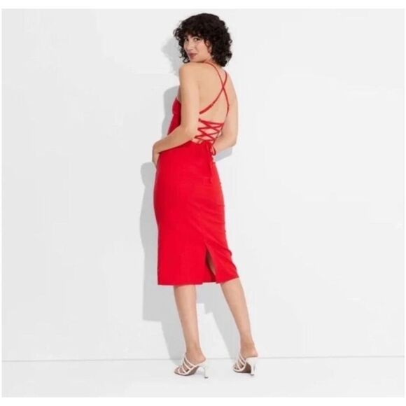 ✨Wild Fable Women's Linen Lace Tie Back Red Summer Midi Slip Sz 14 Dress✨ - Picture 5 of 9